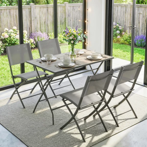 Tuinmeubelset Opvouwbaar Zitgroep 5 delig Tafel Met 4 Ademende Stoelen Houtlook Ruimtebesparend
