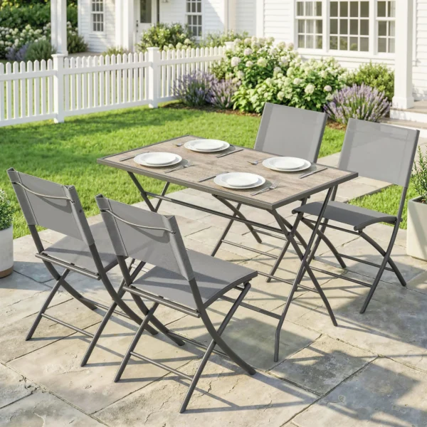 Tuinmeubelset Opvouwbaar Zitgroep 5 delig Tafel Met 4 Ademende Stoelen Houtlook Ruimtebesparend