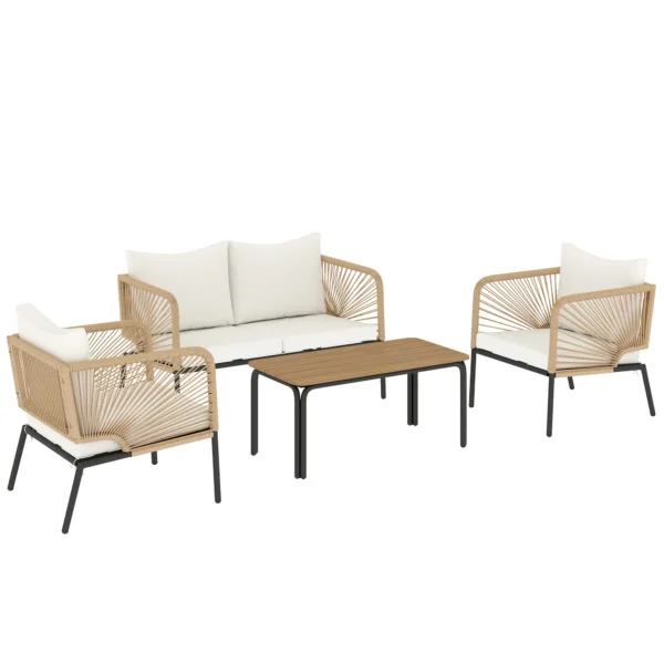 Tuinmeubelset Zitgroep Voor 4 Personen Tuinlounge Met 2 zitsbank, 2 Stoelen, Lamellen Tafel, Touwvlechtwerk, Wasbare Zitkussens
