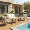 Tuinmeubelset Zitgroep Voor 4 Personen Tuinlounge Met 2 zitsbank, 2 Stoelen, Lamellen Tafel, Touwvlechtwerk, Wasbare Zitkussens