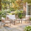 Tuinmeubelset Zitgroep Voor 4 Personen Tuinlounge Met 2 zitsbank, 2 Stoelen, Lamellen Tafel, Touwvlechtwerk, Wasbare Zitkussens