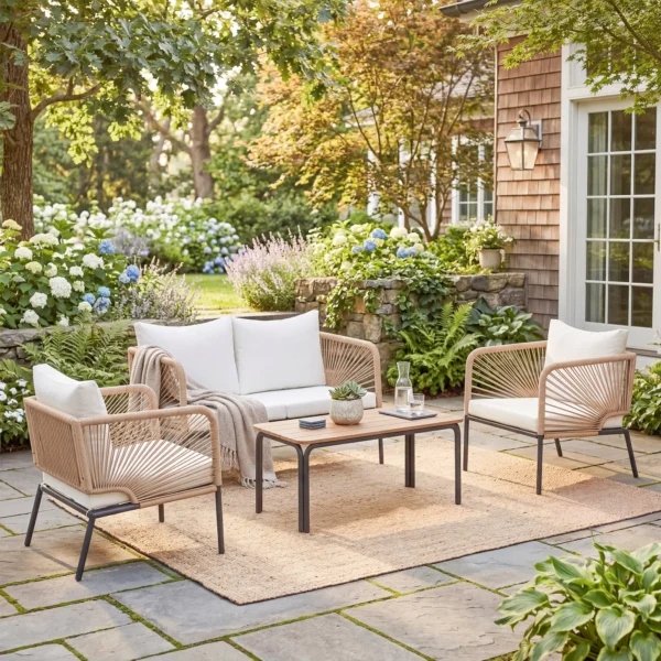 Tuinmeubelset Zitgroep Voor 4 Personen Tuinlounge Met 2 zitsbank, 2 Stoelen, Lamellen Tafel, Touwvlechtwerk, Wasbare Zitkussens