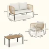 Tuinmeubelset Zitgroep Voor 4 Personen Tuinlounge Met 2 zitsbank, 2 Stoelen, Lamellen Tafel, Touwvlechtwerk, Wasbare Zitkussens