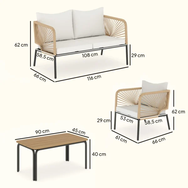 Tuinmeubelset Zitgroep Voor 4 Personen Tuinlounge Met 2 zitsbank, 2 Stoelen, Lamellen Tafel, Touwvlechtwerk, Wasbare Zitkussens