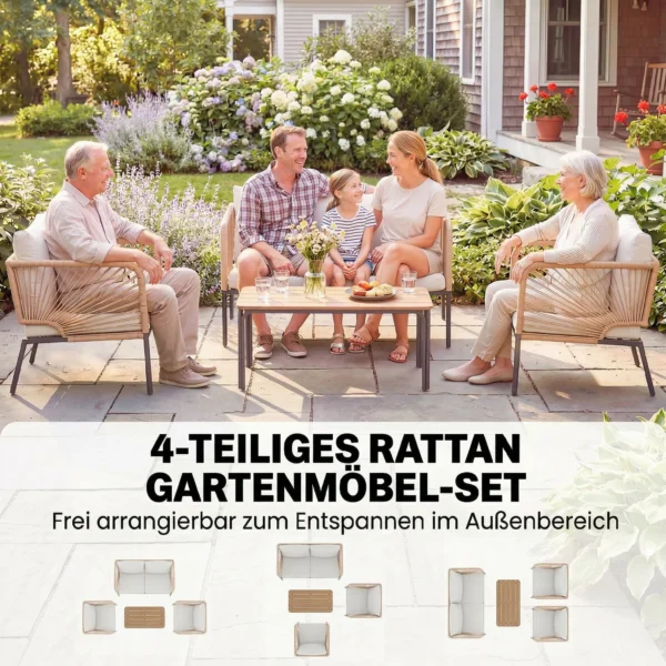 Tuinmeubelset Zitgroep Voor 4 Personen Tuinlounge Met 2 zitsbank, 2 Stoelen, Lamellen Tafel, Touwvlechtwerk, Wasbare Zitkussens