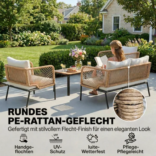 Tuinmeubelset Zitgroep Voor 4 Personen Tuinlounge Met 2 zitsbank, 2 Stoelen, Lamellen Tafel, Touwvlechtwerk, Wasbare Zitkussens