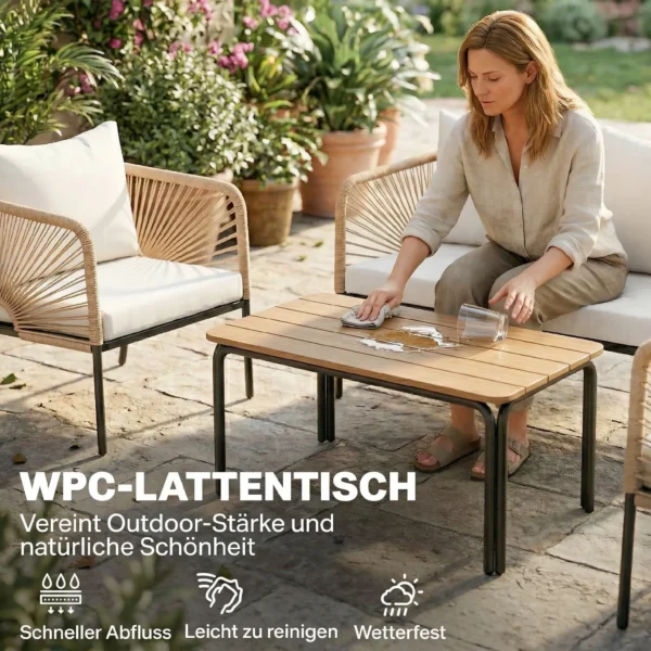 Tuinmeubelset Zitgroep Voor 4 Personen Tuinlounge Met 2 zitsbank, 2 Stoelen, Lamellen Tafel, Touwvlechtwerk, Wasbare Zitkussens