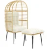 Tuinstoel Met Voetenbank PE Rattan Ei vorm Mandstoel Met Lange & Dikke Kussens Metalen Frame Beige