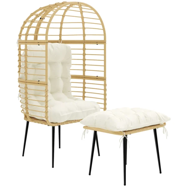 Tuinstoel Met Voetenbank PE Rattan Ei vorm Mandstoel Met Lange & Dikke Kussens Metalen Frame Beige