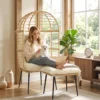 Tuinstoel Met Voetenbank PE Rattan Ei vorm Mandstoel Met Lange & Dikke Kussens Metalen Frame Beige