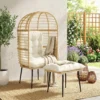 Tuinstoel Met Voetenbank PE Rattan Ei vorm Mandstoel Met Lange & Dikke Kussens Metalen Frame Beige
