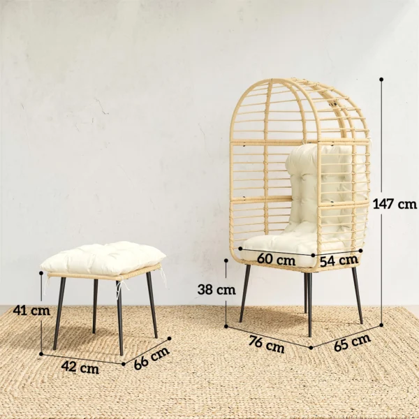 Tuinstoel Met Voetenbank PE Rattan Ei vorm Mandstoel Met Lange & Dikke Kussens Metalen Frame Beige