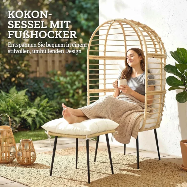 Tuinstoel Met Voetenbank PE Rattan Ei vorm Mandstoel Met Lange & Dikke Kussens Metalen Frame Beige