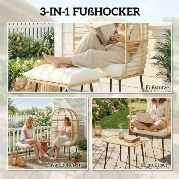 Tuinstoel Met Voetenbank PE Rattan Ei vorm Mandstoel Met Lange & Dikke Kussens Metalen Frame Beige