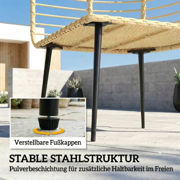 Tuinstoel Met Voetenbank PE Rattan Ei vorm Mandstoel Met Lange & Dikke Kussens Metalen Frame Beige