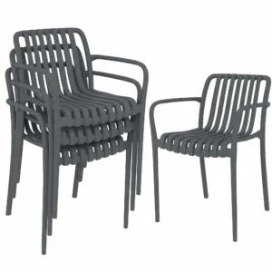 Tuinstoelen 4 delige Set Stapelbare Terrasstoelen Met Lamellenontwerp Armleuningen, Ergonomisch Donkergrijs
