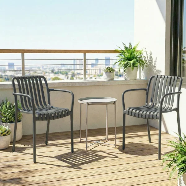 Tuinstoelen 4 delige Set Stapelbare Terrasstoelen Met Lamellenontwerp Armleuningen, Ergonomisch Donkergrijs