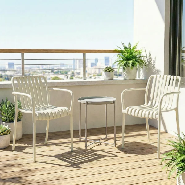Tuinstoelen Set Van 4 Stapelbare Terrasstoelen Met Lamellenontwerp Armleuningen, Ergonomisch Crèmewit