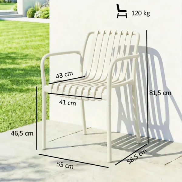 Tuinstoelen Set Van 4 Stapelbare Terrasstoelen Met Lamellenontwerp Armleuningen, Ergonomisch Crèmewit