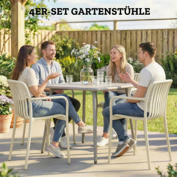 Tuinstoelen Set Van 4 Stapelbare Terrasstoelen Met Lamellenontwerp Armleuningen, Ergonomisch Crèmewit