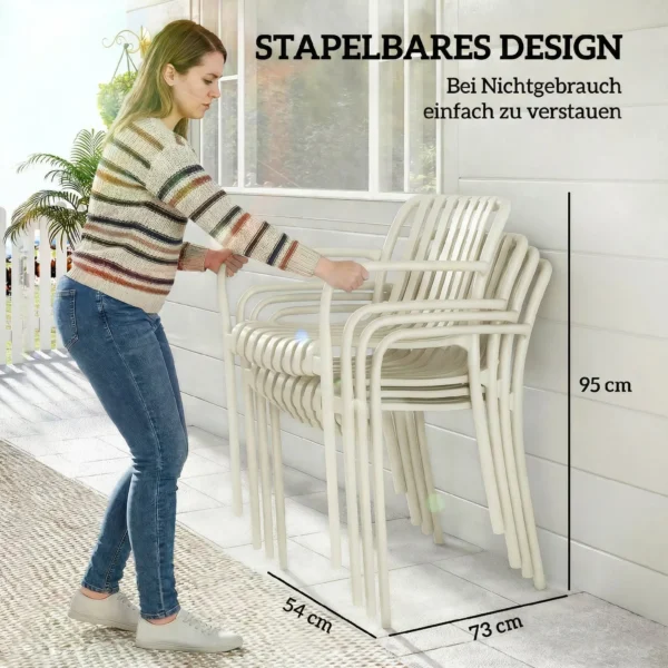 Tuinstoelen Set Van 4 Stapelbare Terrasstoelen Met Lamellenontwerp Armleuningen, Ergonomisch Crèmewit