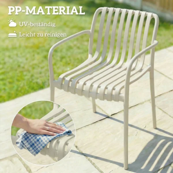 Tuinstoelen Set Van 4 Stapelbare Terrasstoelen Met Lamellenontwerp Armleuningen, Ergonomisch Crèmewit