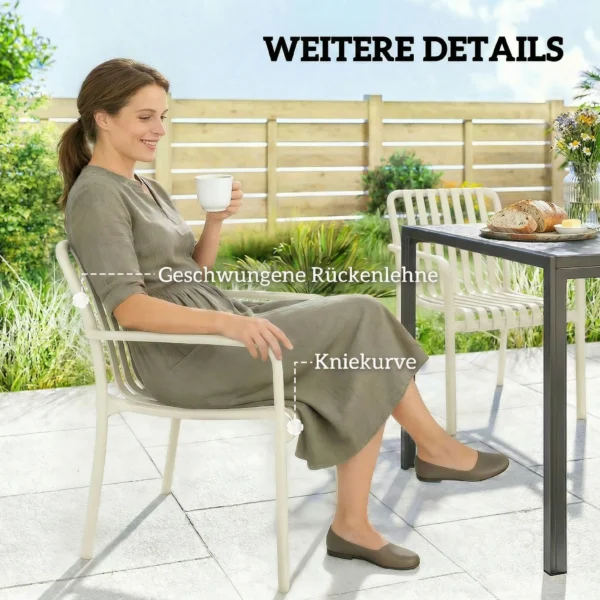Tuinstoelen Set Van 4 Stapelbare Terrasstoelen Met Lamellenontwerp Armleuningen, Ergonomisch Crèmewit