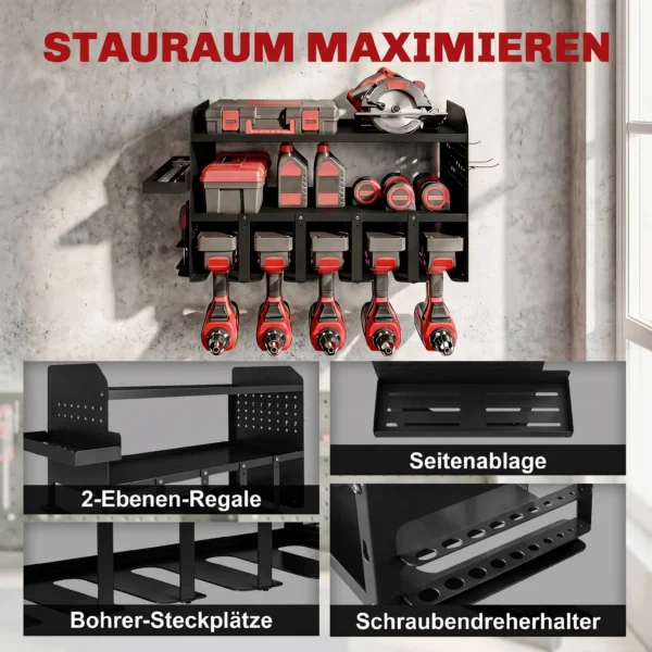 Tuinwerktuig Organizer 2 laags Tuinwerktuig Stand Met Haken Zijvak Tot 50 Kg 61,8 X 23 X 32,7cm Zwart