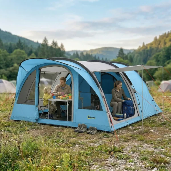 Tunneltent Voor 4 Personen, Familietent Met Slaapcabine, Voortent, Afneembare Scheidingswand, Ramen, Grondzeil, Stahoogte