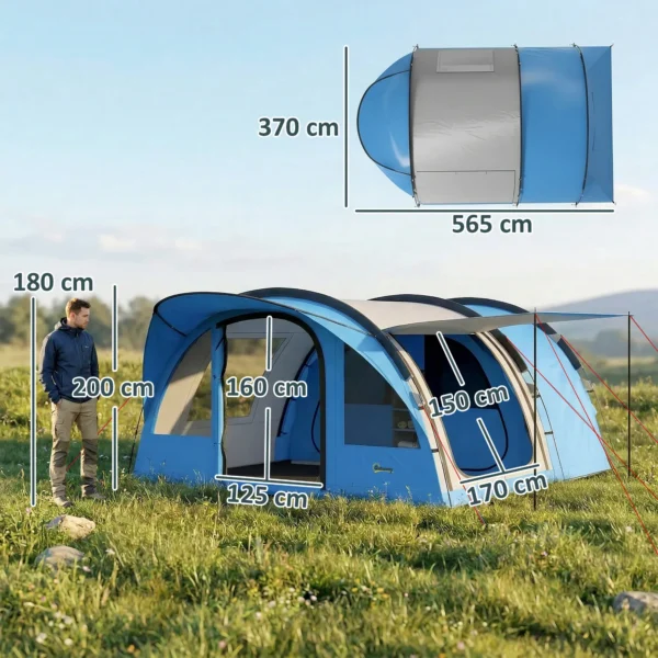 Tunneltent Voor 4 Personen, Familietent Met Slaapcabine, Voortent, Afneembare Scheidingswand, Ramen, Grondzeil, Stahoogte