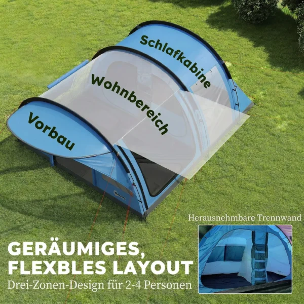 Tunneltent Voor 4 Personen, Familietent Met Slaapcabine, Voortent, Afneembare Scheidingswand, Ramen, Grondzeil, Stahoogte
