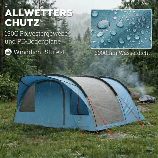 Tunneltent Voor 4 Personen, Familietent Met Slaapcabine, Voortent, Afneembare Scheidingswand, Ramen, Grondzeil, Stahoogte