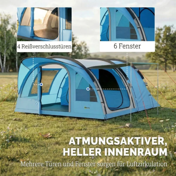 Tunneltent Voor 4 Personen, Familietent Met Slaapcabine, Voortent, Afneembare Scheidingswand, Ramen, Grondzeil, Stahoogte