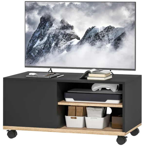TV meubel Op Wielen Met Remmen, TV meubel Met Kast En Verstelbare Plank, Zwart En Eiken