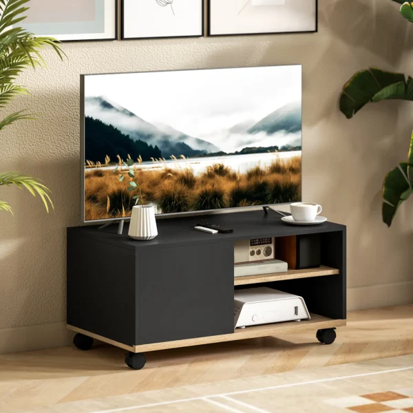 TV meubel Op Wielen Met Remmen, TV meubel Met Kast En Verstelbare Plank, Zwart En Eiken