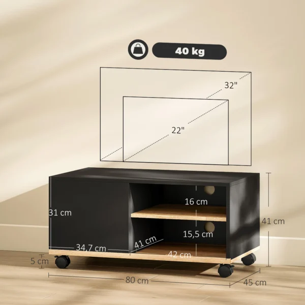 TV meubel Op Wielen Met Remmen, TV meubel Met Kast En Verstelbare Plank, Zwart En Eiken
