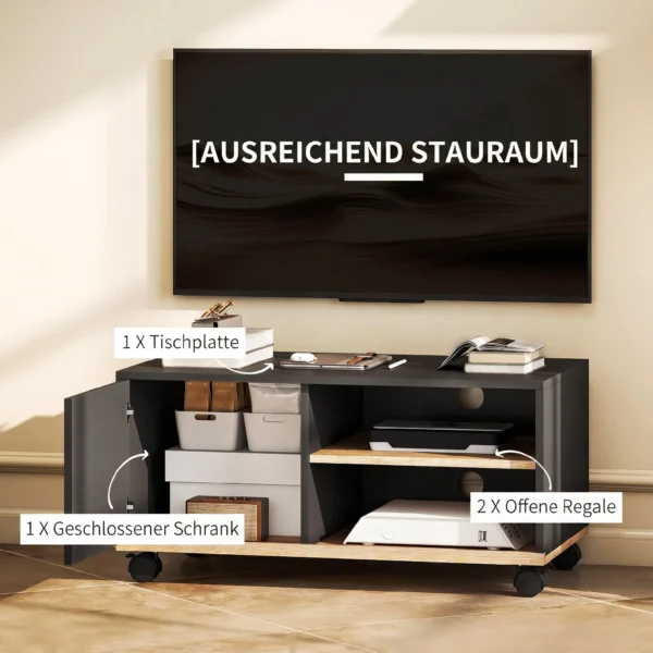 TV meubel Op Wielen Met Remmen, TV meubel Met Kast En Verstelbare Plank, Zwart En Eiken