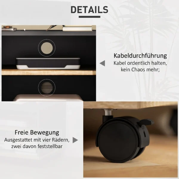 TV meubel Op Wielen Met Remmen, TV meubel Met Kast En Verstelbare Plank, Zwart En Eiken