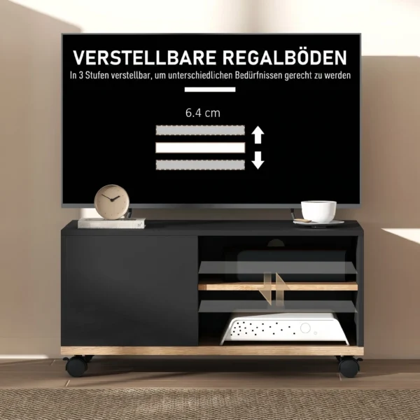 TV meubel Op Wielen Met Remmen, TV meubel Met Kast En Verstelbare Plank, Zwart En Eiken