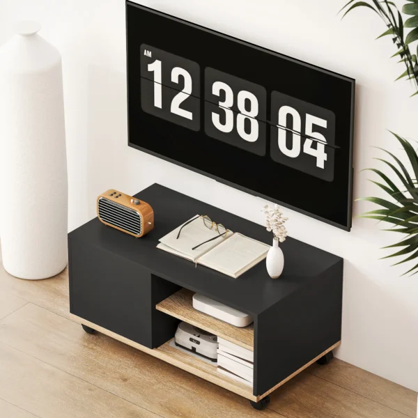 TV meubel Op Wielen Met Remmen, TV meubel Met Kast En Verstelbare Plank, Zwart En Eiken