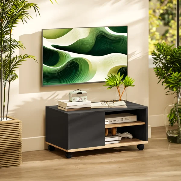 TV meubel Op Wielen Met Remmen, TV meubel Met Kast En Verstelbare Plank, Zwart En Eiken