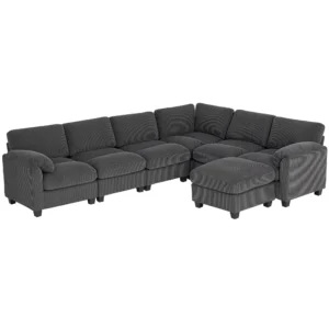 U vormige Hoekbank Sofa Bank Met Veerpolstering Gestoffeerde Armleuningen Verplaatsbare Ottomaanse Koord 292x224x85 Cm Donkergrijs
