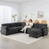 U vormige Hoekbank Sofa Bank Met Veerpolstering Gestoffeerde Armleuningen Verplaatsbare Ottomaanse Koord 292x224x85 Cm Donkergrijs