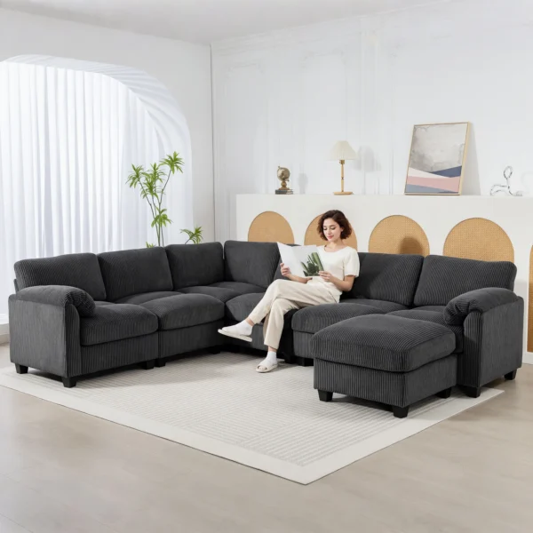 U vormige Hoekbank Sofa Bank Met Veerpolstering Gestoffeerde Armleuningen Verplaatsbare Ottomaanse Koord 292x224x85 Cm Donkergrijs