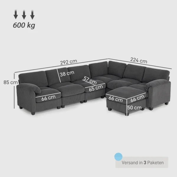 U vormige Hoekbank Sofa Bank Met Veerpolstering Gestoffeerde Armleuningen Verplaatsbare Ottomaanse Koord 292x224x85 Cm Donkergrijs