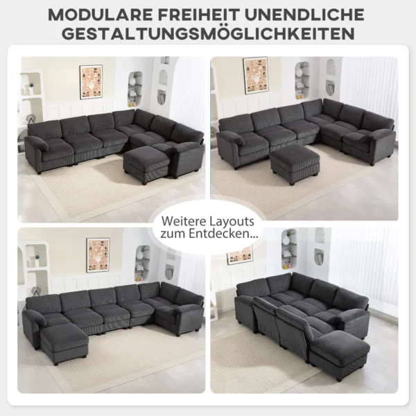 U vormige Hoekbank Sofa Bank Met Veerpolstering Gestoffeerde Armleuningen Verplaatsbare Ottomaanse Koord 292x224x85 Cm Donkergrijs
