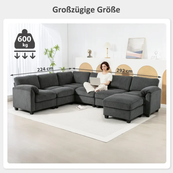 U vormige Hoekbank Sofa Bank Met Veerpolstering Gestoffeerde Armleuningen Verplaatsbare Ottomaanse Koord 292x224x85 Cm Donkergrijs