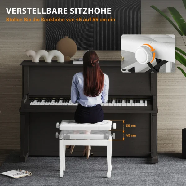 Verstelbare Pianokruk, Pianobank Met Kunstleren Kussen Voor Piano Keyboard 64 X 35 X 45 55 Cm Wit