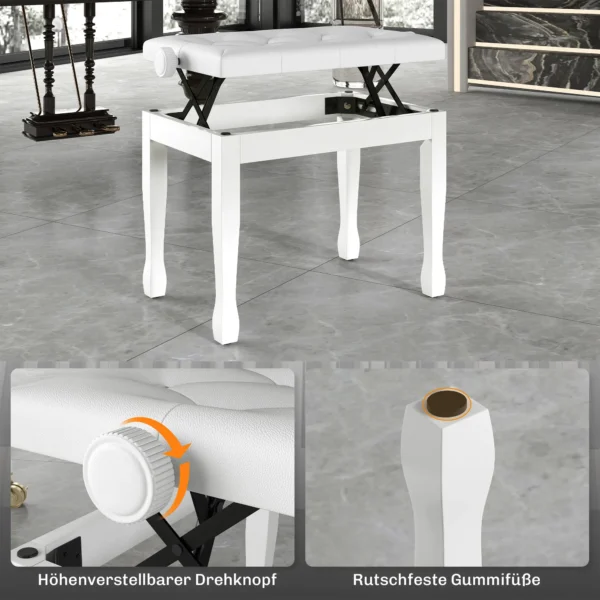 Verstelbare Pianokruk, Pianobank Met Kunstleren Kussen Voor Piano Keyboard 64 X 35 X 45 55 Cm Wit