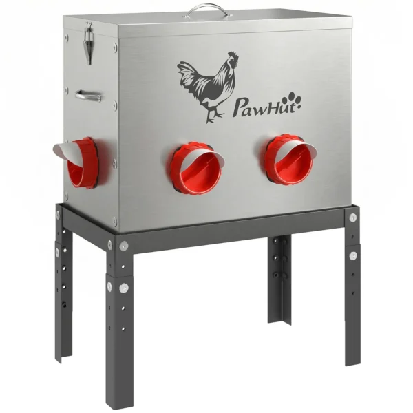 Voerautomaat Kippen 18 Kg Vulcapaciteit Met Afsluitbare Deksel Verstelbare Poten 6 Openingen 42x25x55,5 Cm Zilver